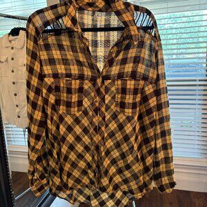 Free People Gauzy Plaid Lace-Up Button Down Shirt
